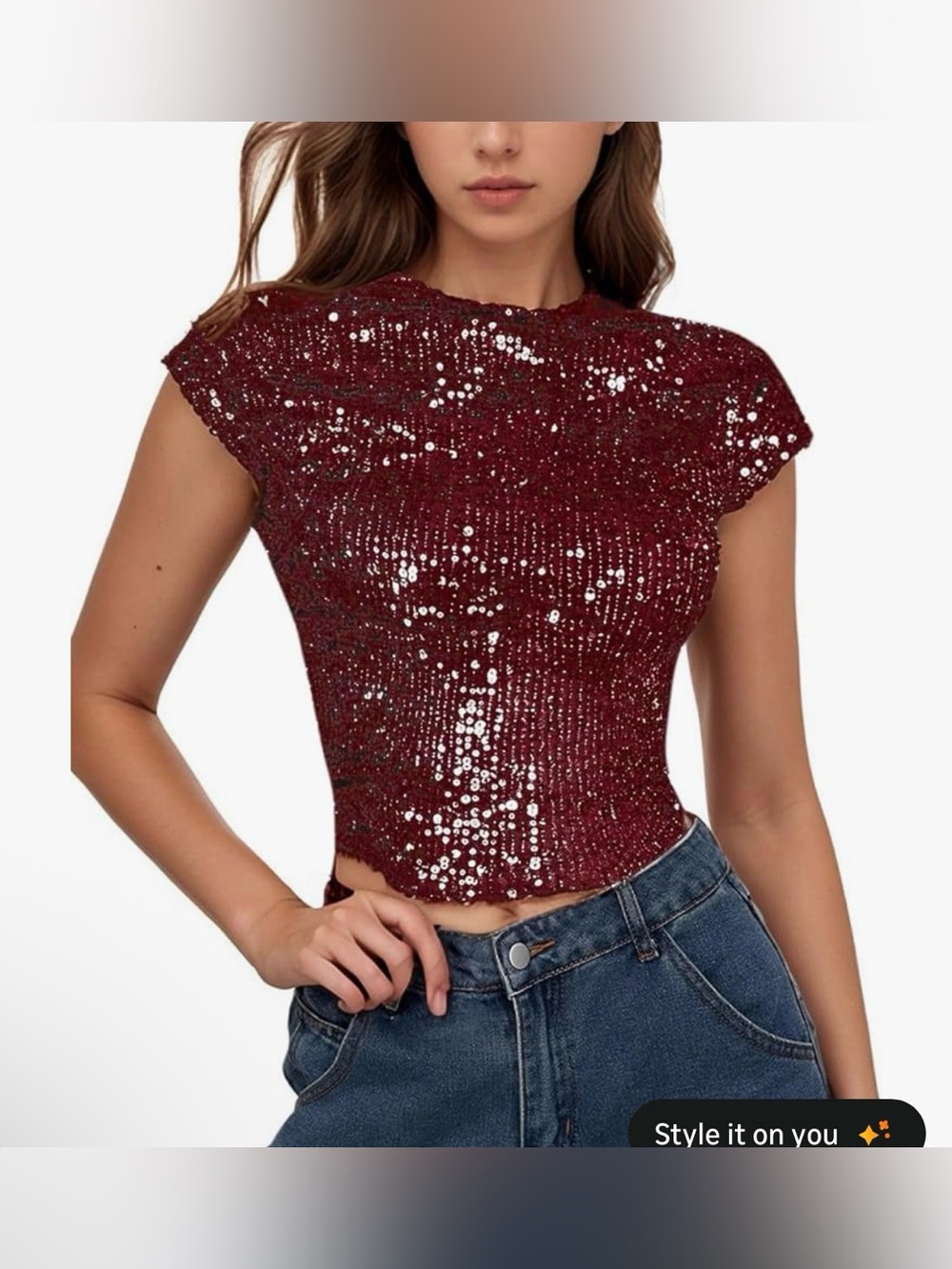 Y2K Red Sequin Cropped Backless Short Sleeve Blouse Size S